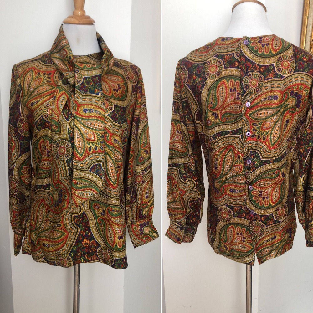 1960 Judy Bond paisley multicolored blouse, back buttons, loose neck tie